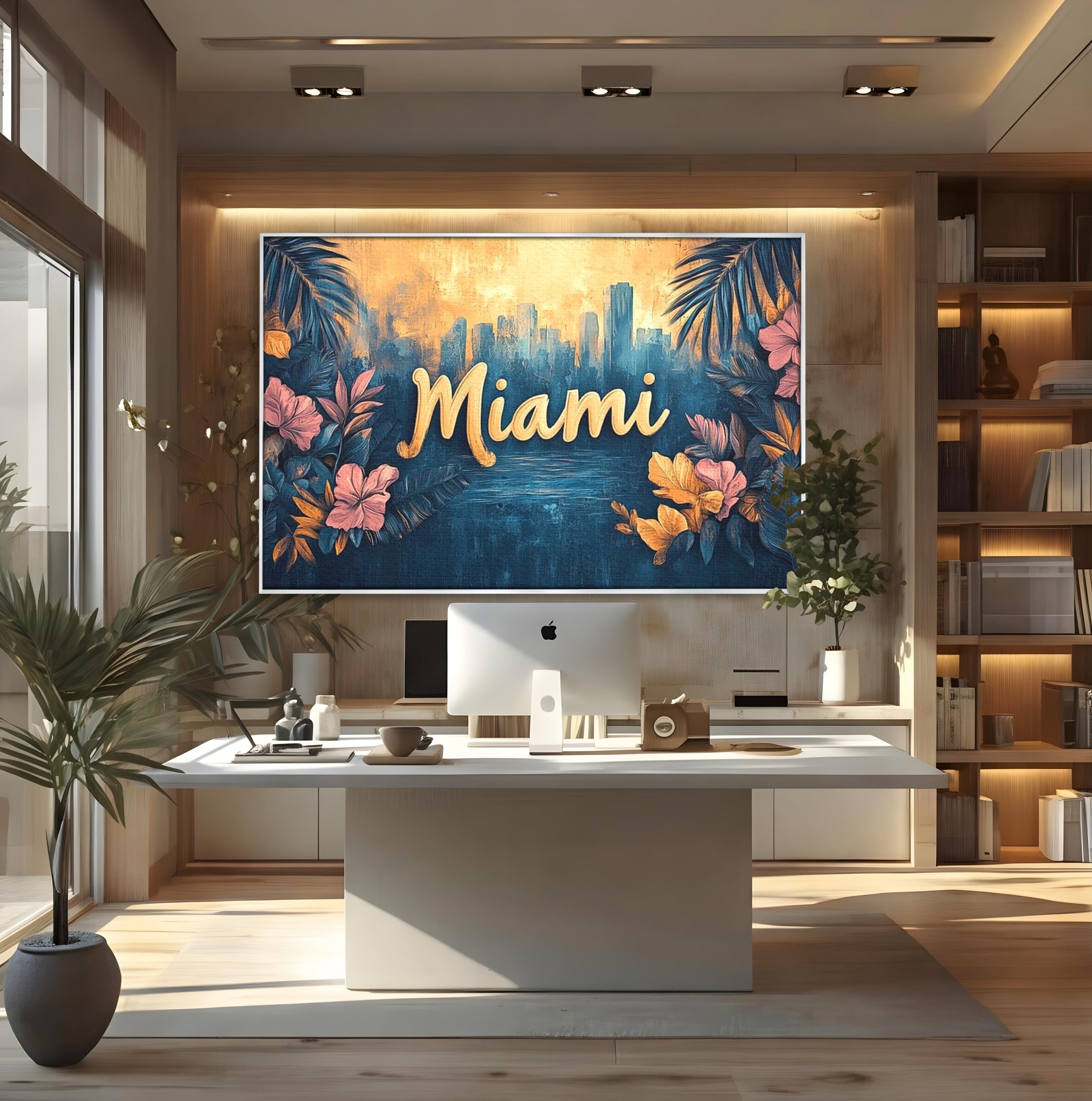 Tablou canvas cu tablou canvas cu peisaj urban miami, in rama de aluminiu argintiu, pe perete intr-un birou